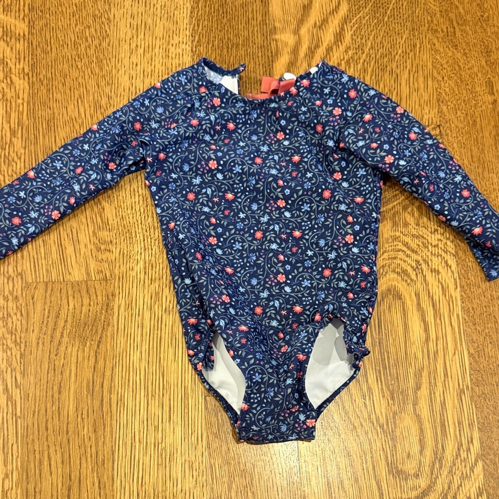 Minnow Girls' Navy Floral Long-Sleeve One-Piece Bathing Suit